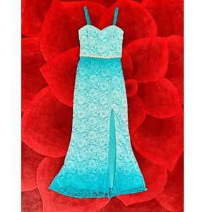 Ombré Turquoise Lace Dress Pearl/Rhinestone